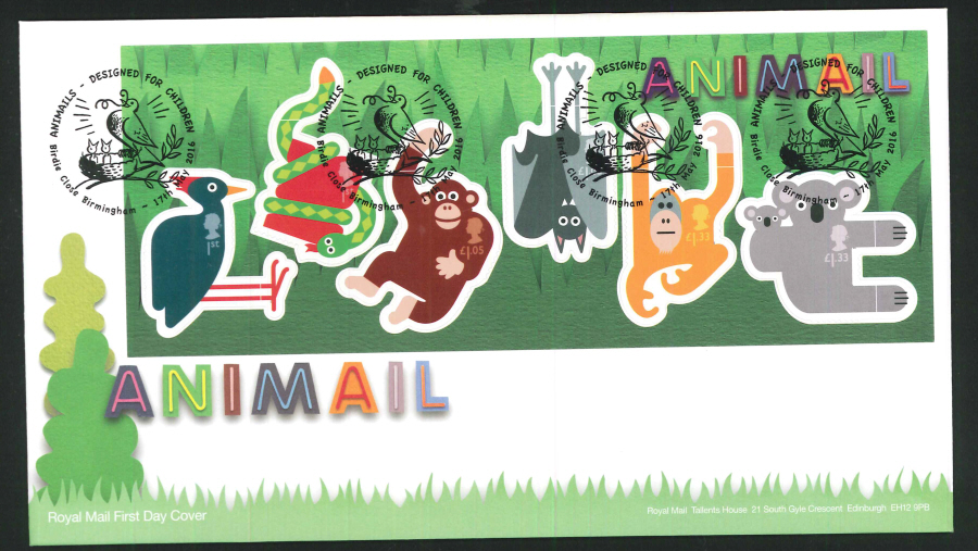 2016 - Animail Animals Minisheet, First Day cover, Birdie Close Birmingham Postmark
